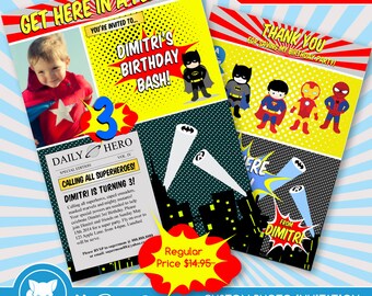 50% OFF SALE Superhero Invitation + Thank you Card / Batman Invitation for Supherhero Birthday Party / Superhero Invite - Digital Download