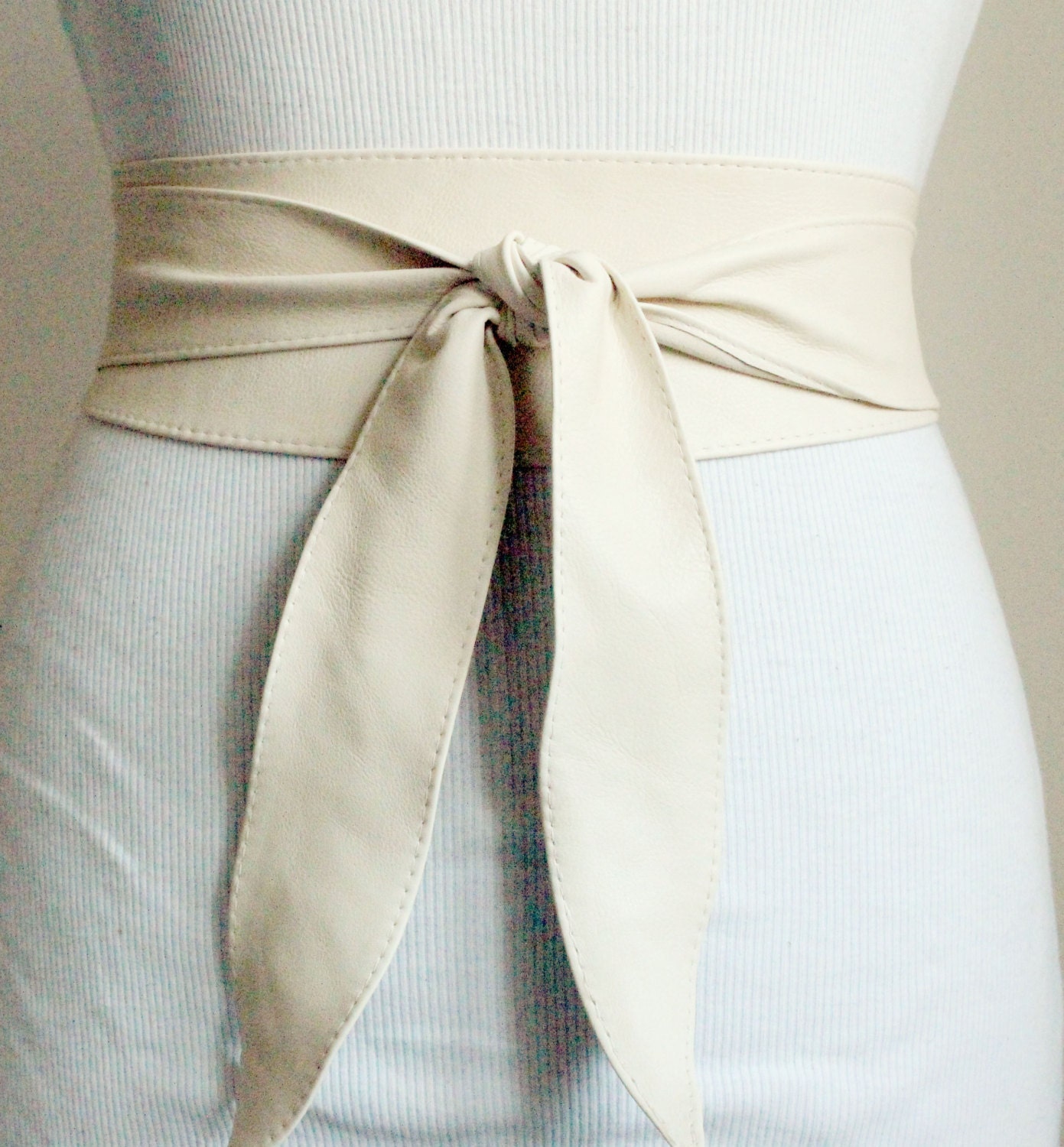 Cream soft Leather Obi Belt tulip tie Waist or Hip by LoveYaaYaa
