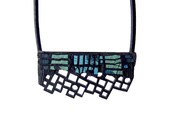 Necklace, modern, contemporary jewelry design, unique, handmade, laser cut wood, polymer clay, leather cord, silver plated steel closures