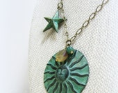 Sun + star, verdigris patina, handmade jewelry. perfect for summer, celestial necklace, agiftoflaughter .. tagt green turquoise verdigris