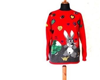 Vintage Red Wool Easter Bunny Womens Sweater Medium Size