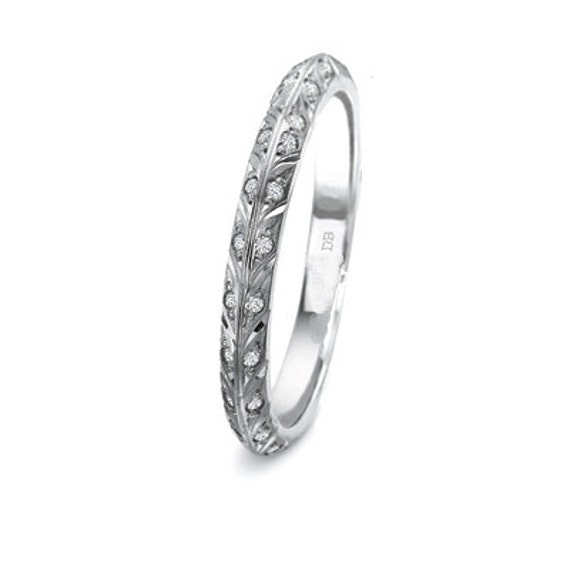 White Gold Diamond Leaf Wedding Ring, Diamond Wedding Band - Leaf Ring ...