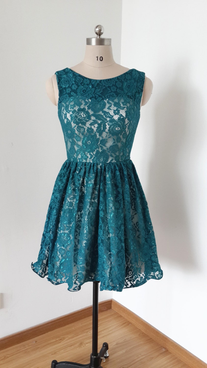 2019 V back Dark Teal  Lace Short  Bridesmaid  Dress 