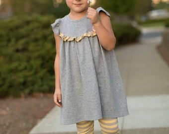 Girls Knit Fabric Dress Pattern - Tunic and Dress Length - Flutter Sleeves - PDF Sewing Pattern for Knits