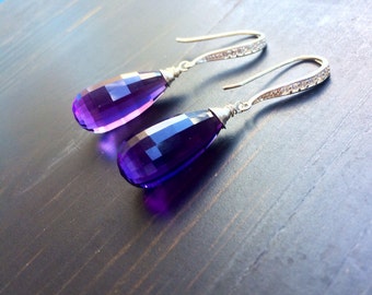 Luxury Purple Amethyst Earrings. French Pave Sterling Silver Hooks.