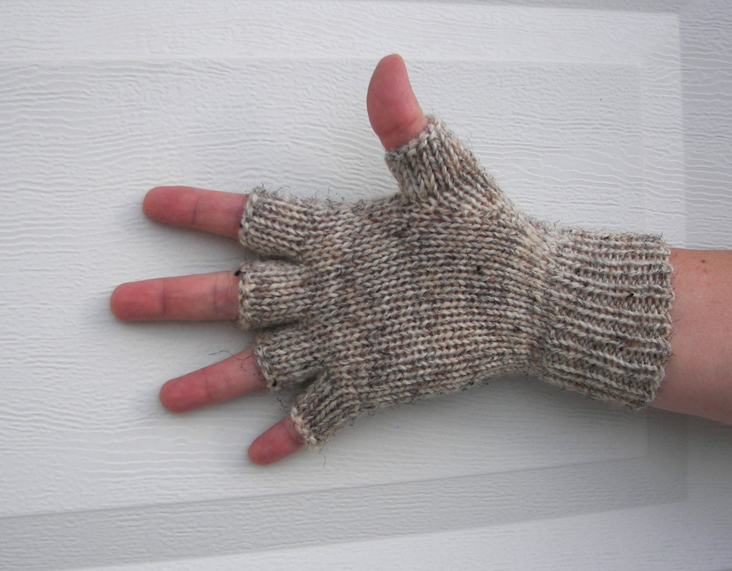 Hand Knit WOOL Half Finger GLOVES Unisex in Birch Tweed