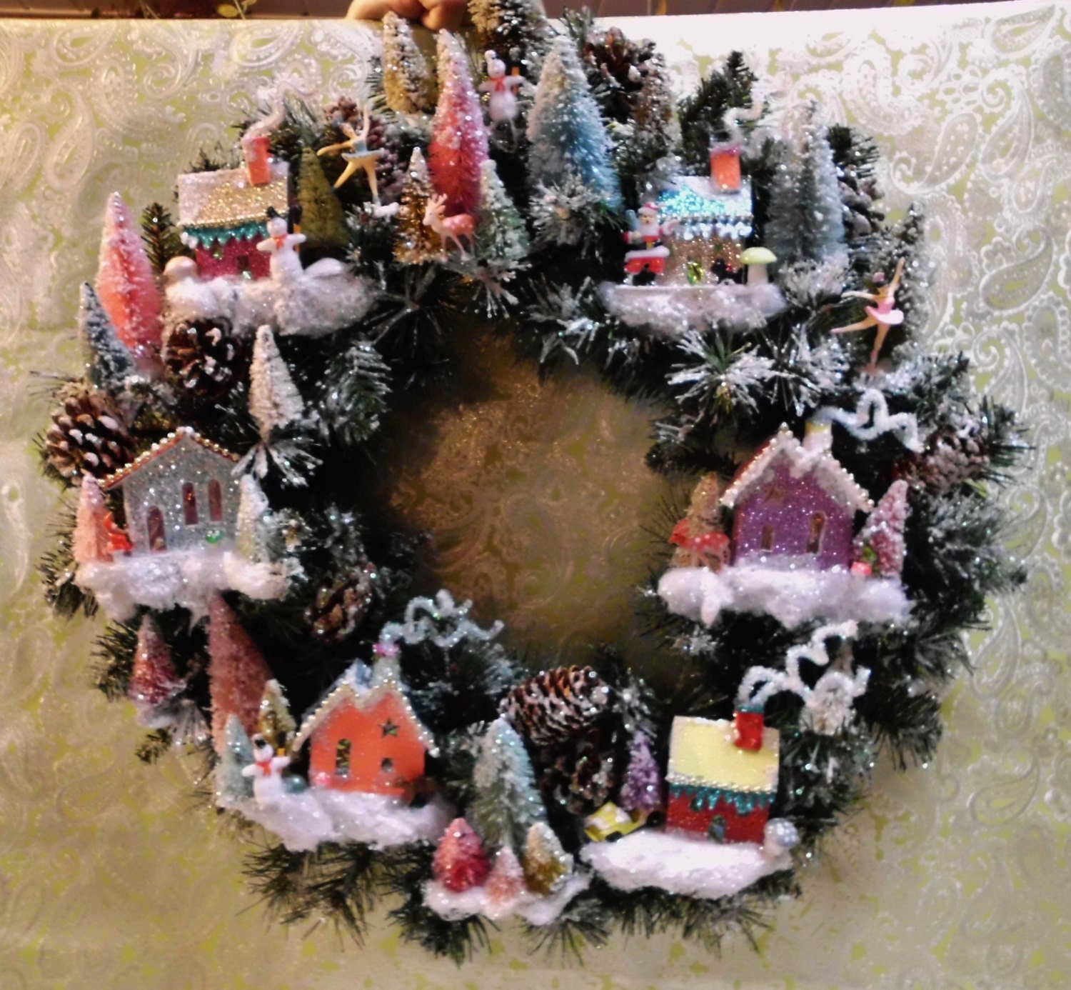 SOLD - Contact Me for a Custom Order Similar to this One - Martha Stewart Inspired Christmas Putz House Village Wreath w/ Bottle Brush Trees