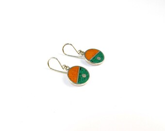 Sterling Silver Earrings, Divided Circles, Green and Orange, Dangle, Modern, Contemporary
