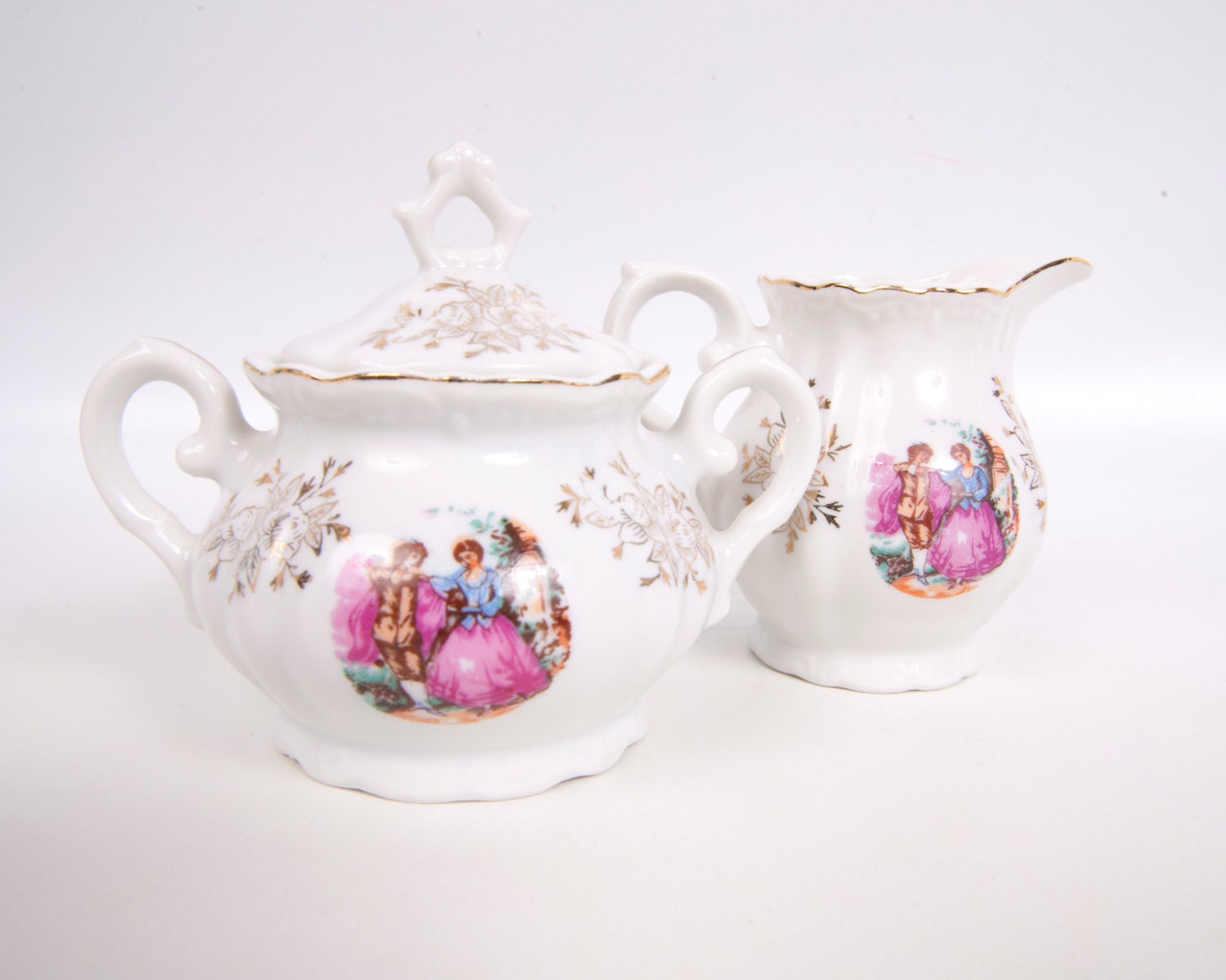 Vintage Colonial Couple Courting Sugar Bowl Creamer Set Made in Japan Gold Trimmed Haute Juice