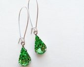 Vintage Earrings Swarovski Peridot Green Glass Teardrop Stones Accessories Gift Idea For Her Under 15 St. Patricks Day Sparkle