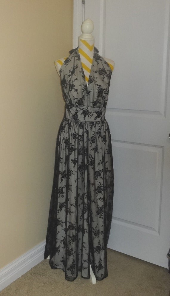 1970s Vintage Black Rose Net Lace Evening Halter Dress in Size Large ...