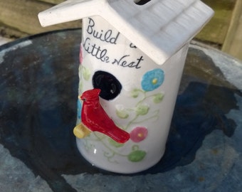 Birds Nest Bank Birdhouse red robin porcelain gift