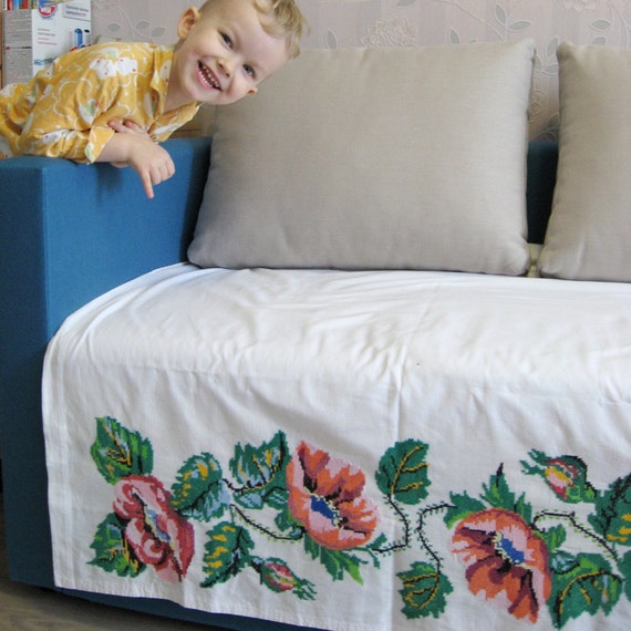 Handembroidered bedskirt/ antique embroidery/ vintage