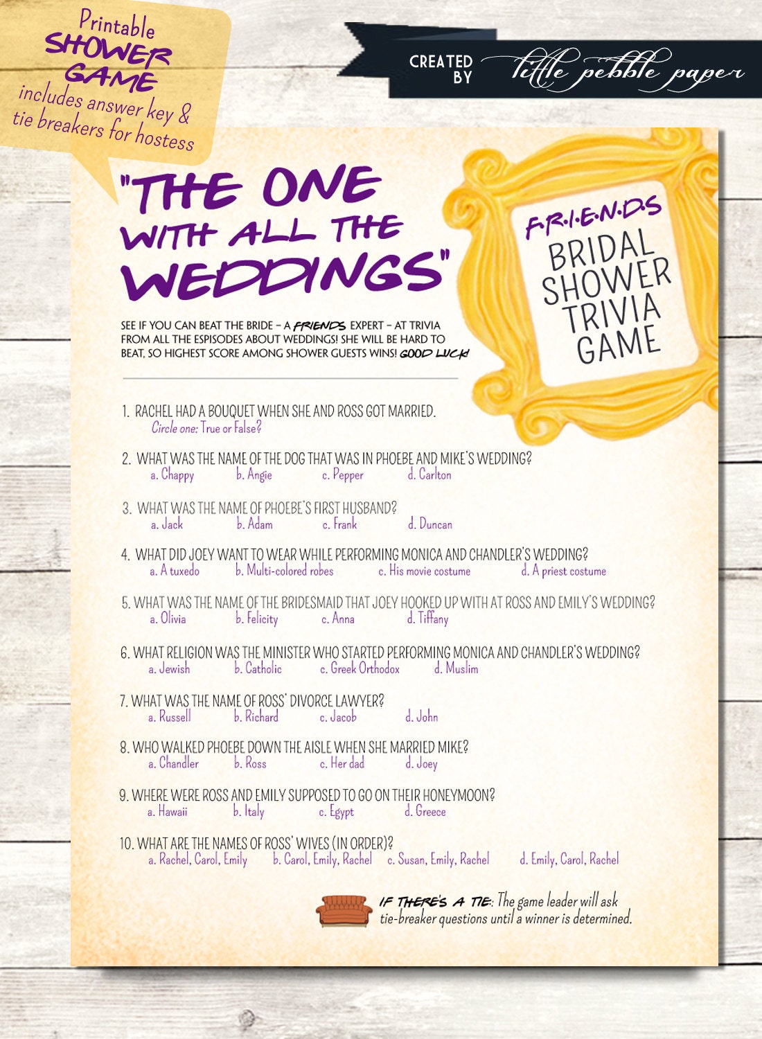 FRIENDS TV Show TRivia Bridal Shower Game Printable FRIENDS