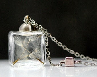 Tiny real dandelion seeds cube necklace. Glass cube with real dandelions, delicate necklace with silver cube. Dandelion jewelry for her.