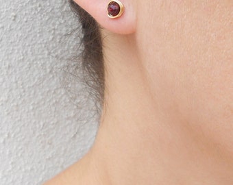 Gold garnet earrings, Garnet stud earrings, January birthstone