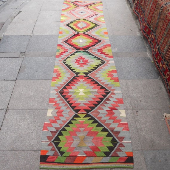 Vintage Colorful Kilim Runner RugSHIPPING by BUTTERFLYRugs on Etsy
