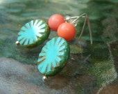 Horizon Line Earrings - Contemporary Turquoise Czech & Clear Glass Beads, Vintage Coral Lucite Beads w Modern Argentium Ear Wires
