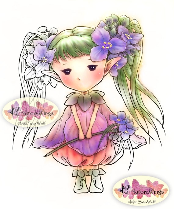 Digital Stamp - Spiderwort Sprite - Tradescantia - Whimsical Flower Fairy - Fantasy Line Art for Cards & Crafts by Mitzi Sato-Wiuff