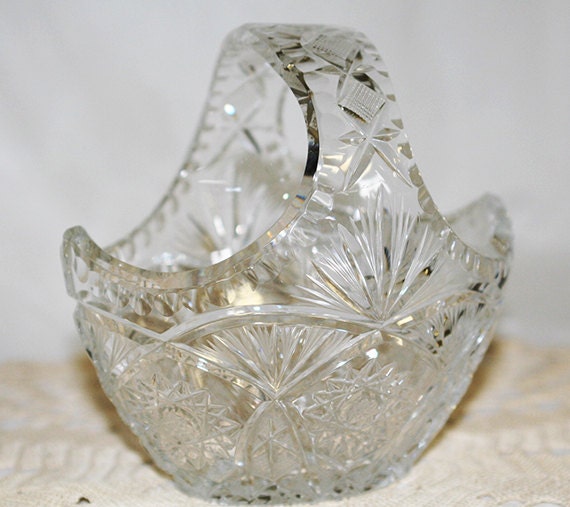 Vintage Crystal Cut Glass Basket Bowl