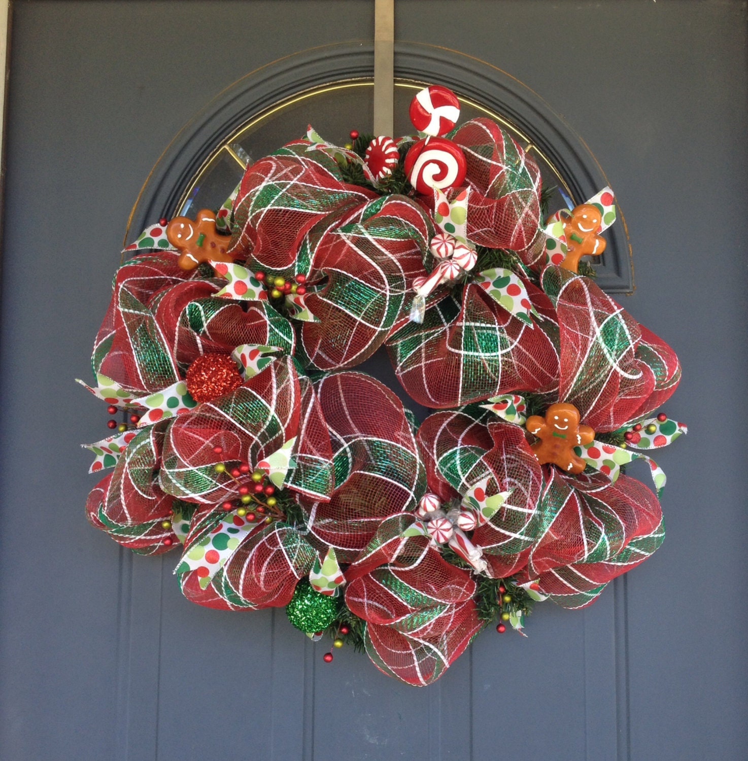 Gingerbread Christmas Wreath, Red and Green Christmas Wreath, Holiday Decor, Home Decor