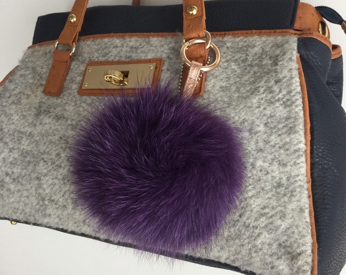 Deep Purple Fox Fur Pom Pom luxury bag pendant with leather strap metal buckle key ring chain bag charm