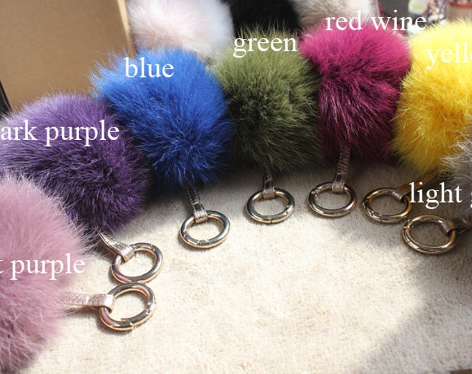 Cerise Pink Fox Fur Pom Pom luxury bag pendant with leather strap circle buckle key ring chain bag charm accessory