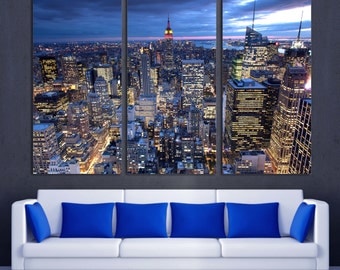 New York City evening skyline Canvas Print. NYC aerial view. 3 Panel Split, Triptych. NY at dusk for living room wall decor, interior design