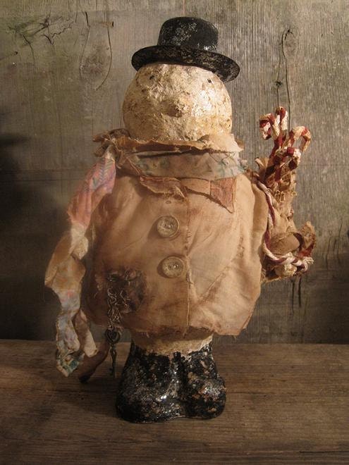 Primitive Celluclay Snowman Dressed In Shabby Attire Vintage Style