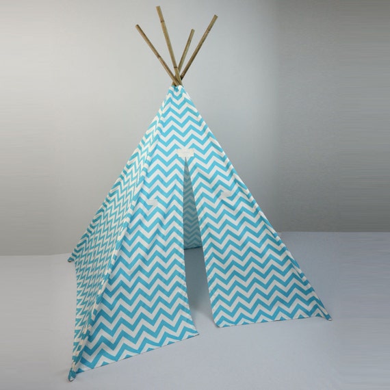 Kids Play Teepee Tent in Girly Blue and White Chevron Zig Zag