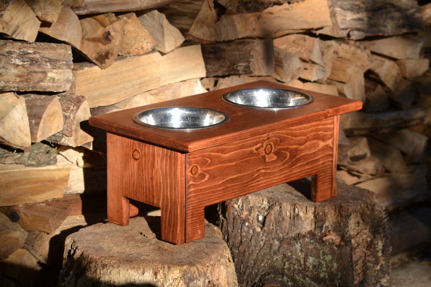 Raised Dog Feeder Rustic Wood Dog Bowl Stand by BlueLineGarage