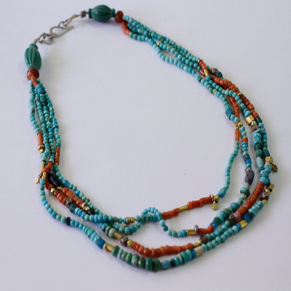 Ancient Coral and Turquoise Necklace Gold Beaded Necklace