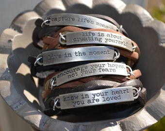 Inspirational Leather Bracelet - Quote Jewelry - Braided Leather Bracelet - Stamped Jewelry - Leather Wrap Cuff - Womens Leather Bracelet