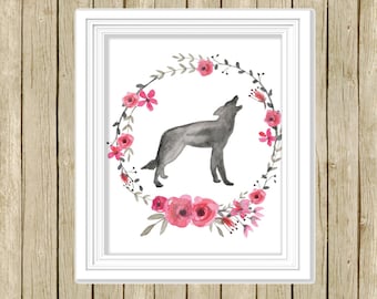 Wall art print wolf pink grey nursery home decor animal art printable watercolor animal lover floral wreath downloadable nursery decor