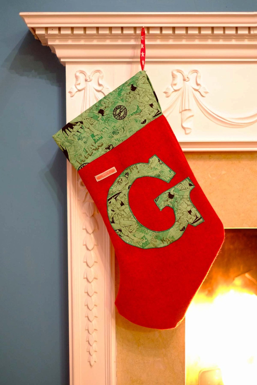 Handmade Personalised Christmas Stocking in DC comic print