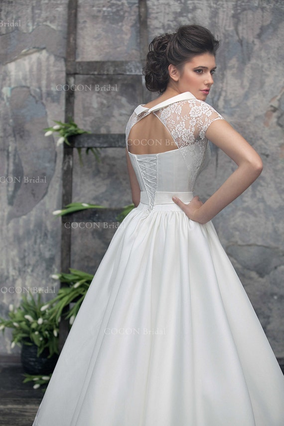 Luxury A-line Wedding Dress with Vintage Lace Mikado silk and