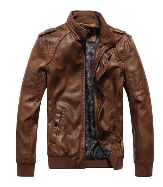 Cool Winter Mens Brown Jacket Coat Designed PU Leather Short Slim Fit ...