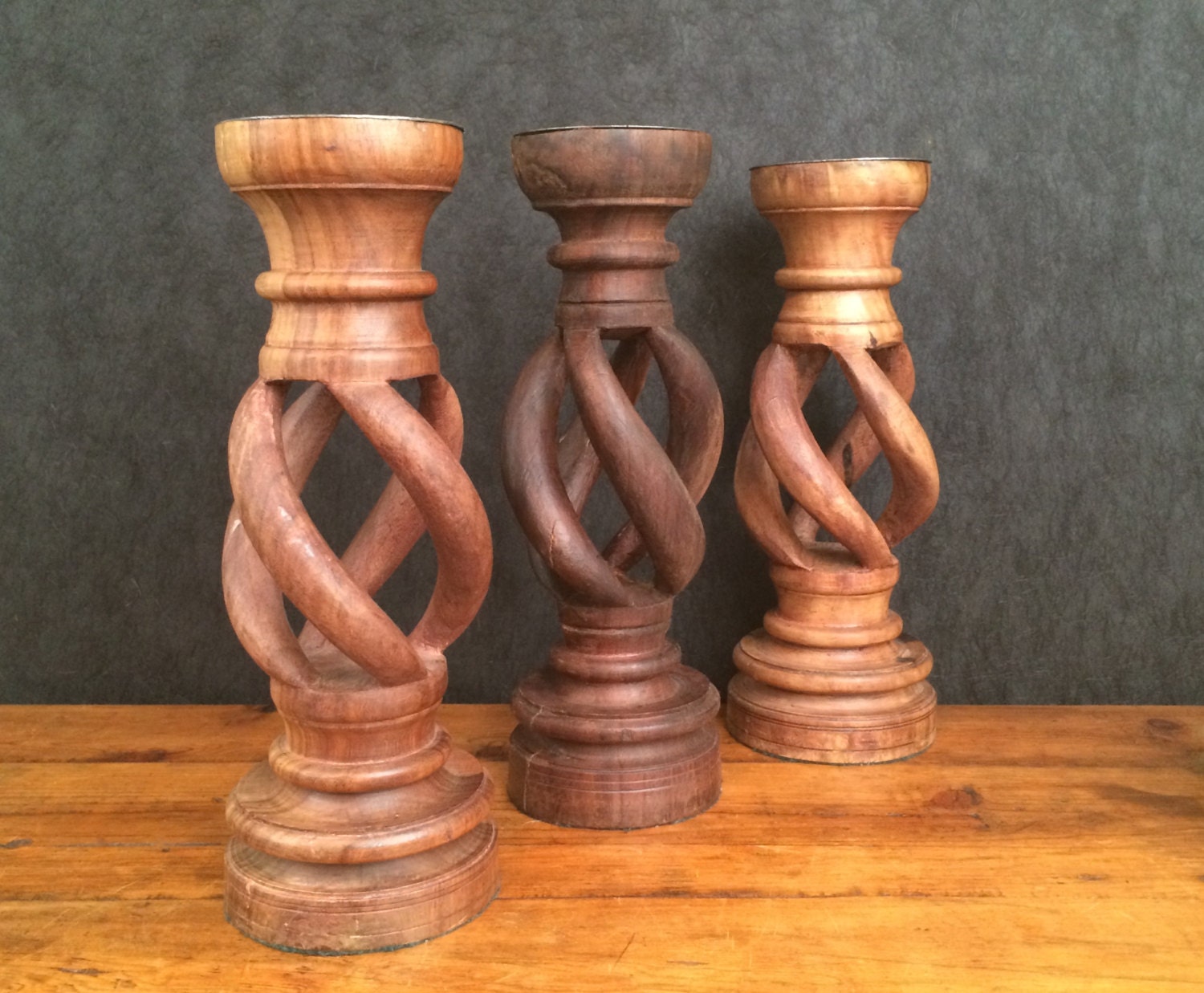 HandCarved Southwestern Twisted Wood Candle Holders Set of