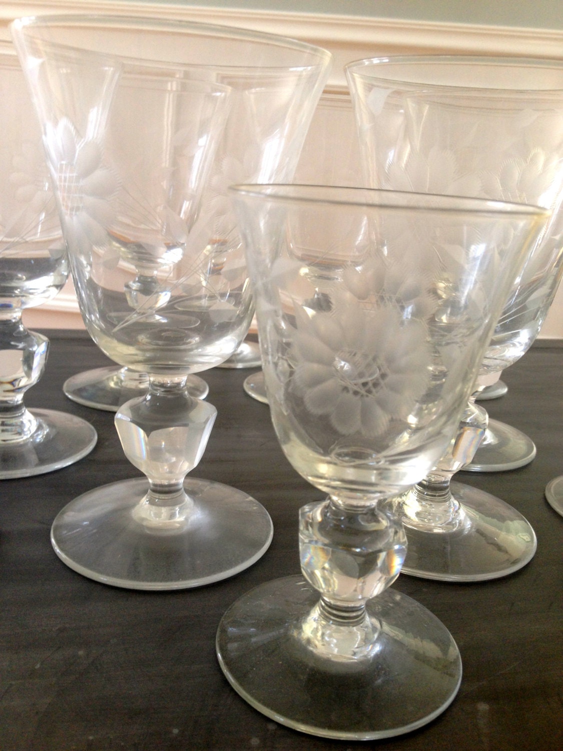 Set of 12 vintage etched glass crystal glassware set/bridal