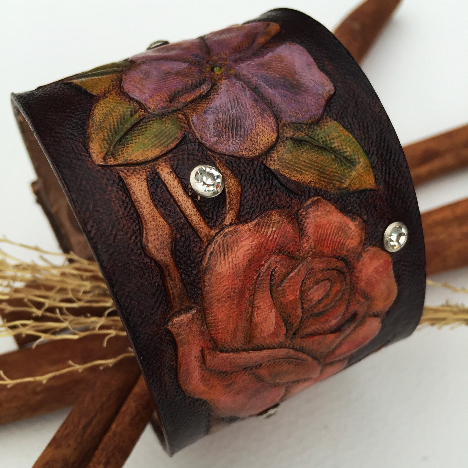 Leather Cuff Bracelet Floral Rhinestones by RedPonyLeatherGoods