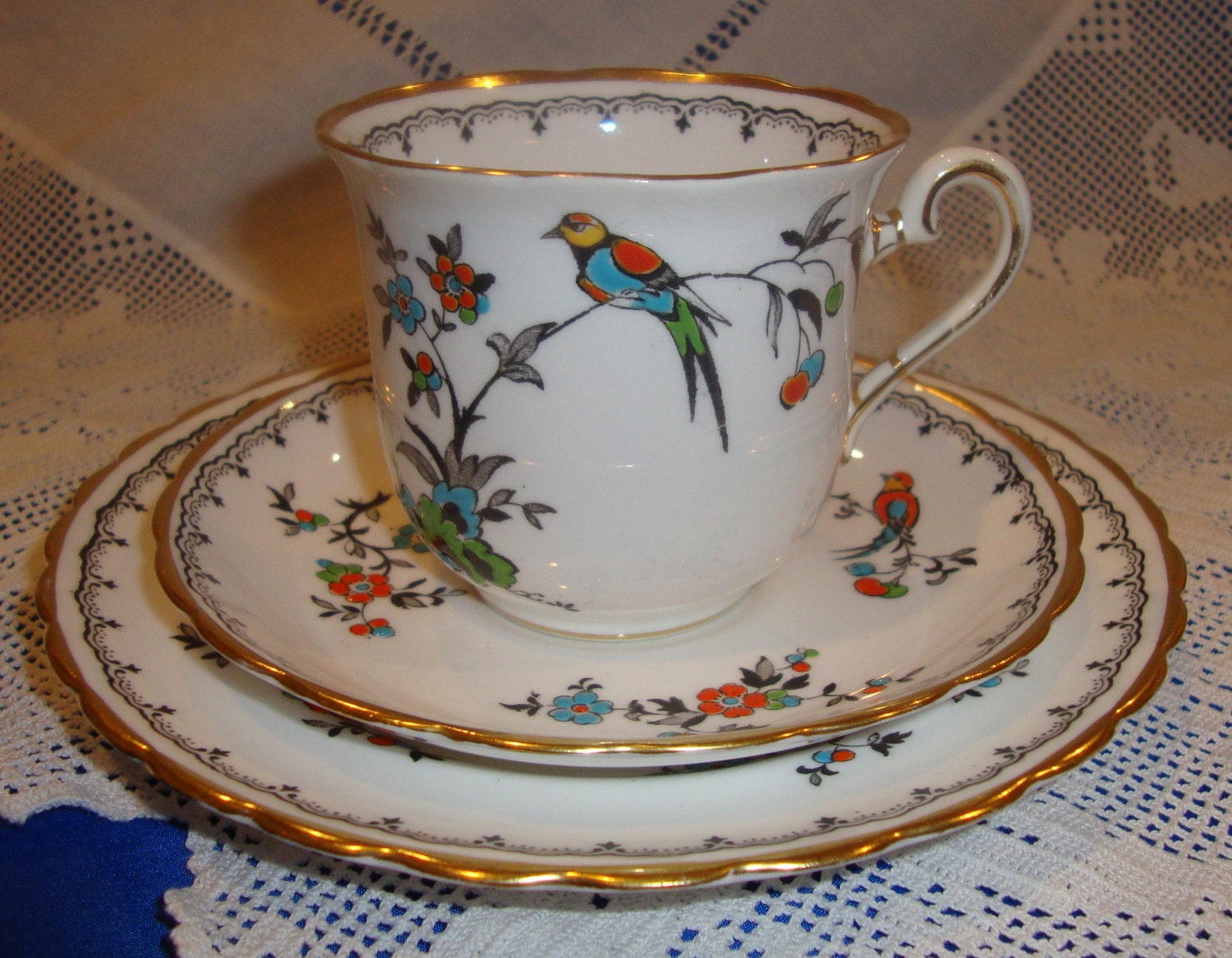 Bird Of Paradise Tuscan China Hand Enamelled Tea Trio Vintage