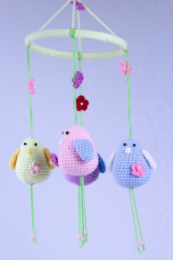 Crochet Bird Mobile - Hanging Birds and Flowers - A colorful children's mobile