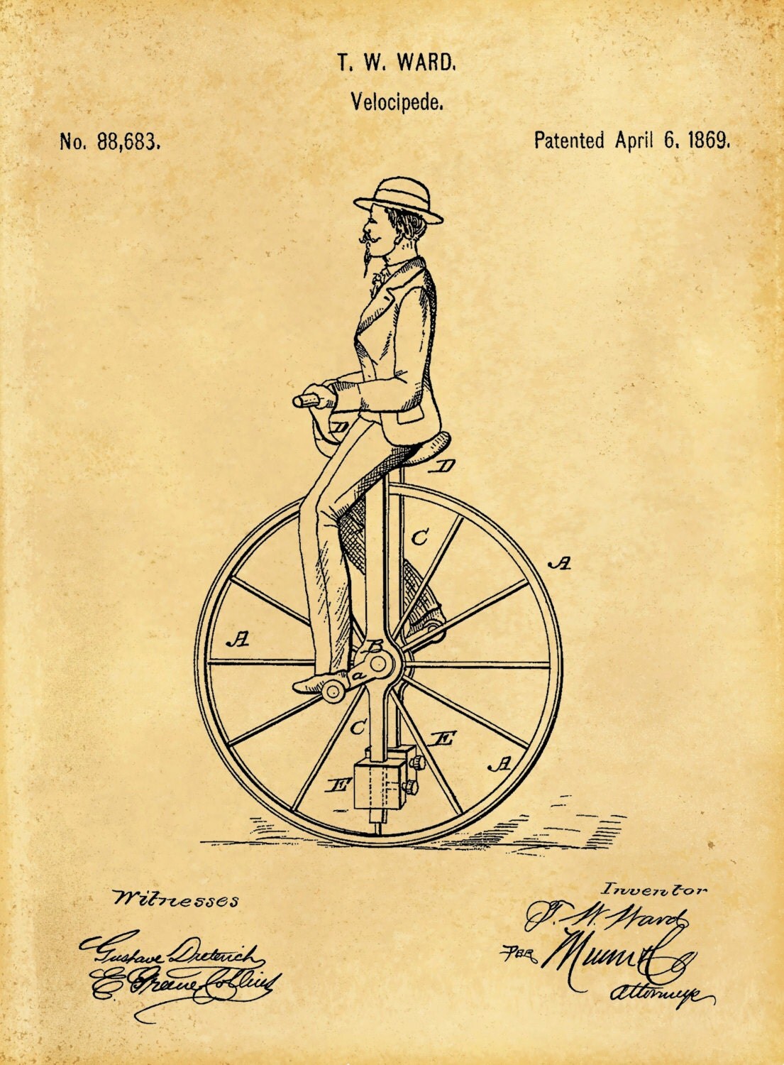 Download Patent 1869 Velocipede Bicycle Unicycle Art Print - Poster - Bike - Antique Unicycle Design Home ...