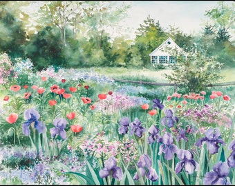 Garden painting watercolor painting "Iris & Poppy Garden" giclee print