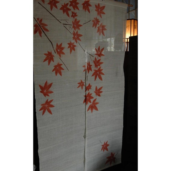 traditional linen noren door way curtain. Japanese maple on