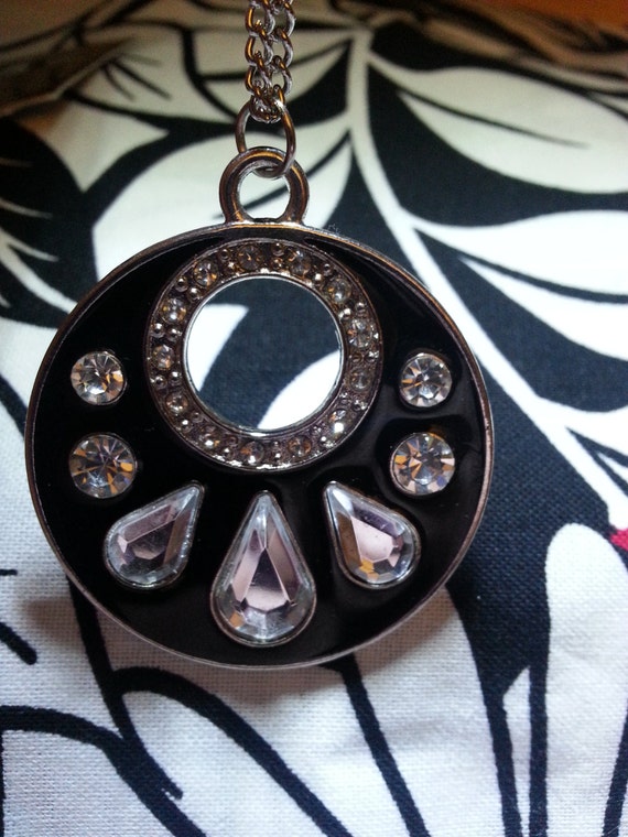 Items similar to necklace silvertone with black pendant and rhinestone