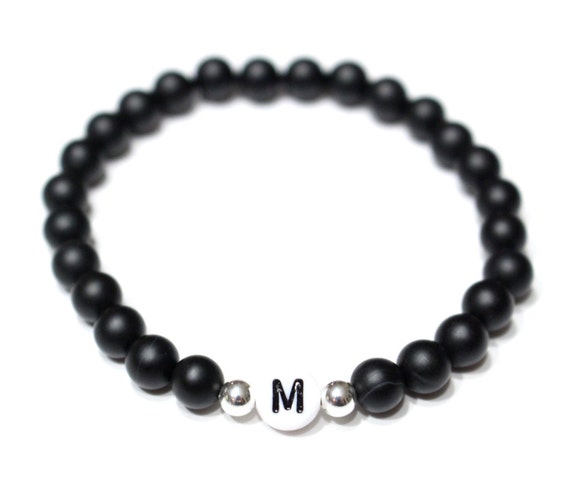 Initial Bracelet with Sterling Silver and Matte Black Beads