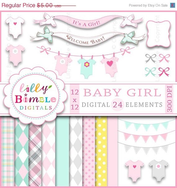 50% off Baby Girl clipart digital papers for shower invitation, clothespin line, banner, pastel pink, bunting INSTANT DOWNLOAD Il_570xn