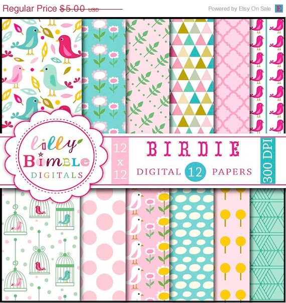 50% off BIRDIE digital scrapbook papers for card design, invites, Birds garden download paper pack INSTANT DOWNLOAD Il_570xn