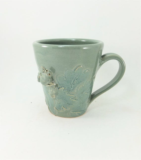 spring green mug with frog and leaves